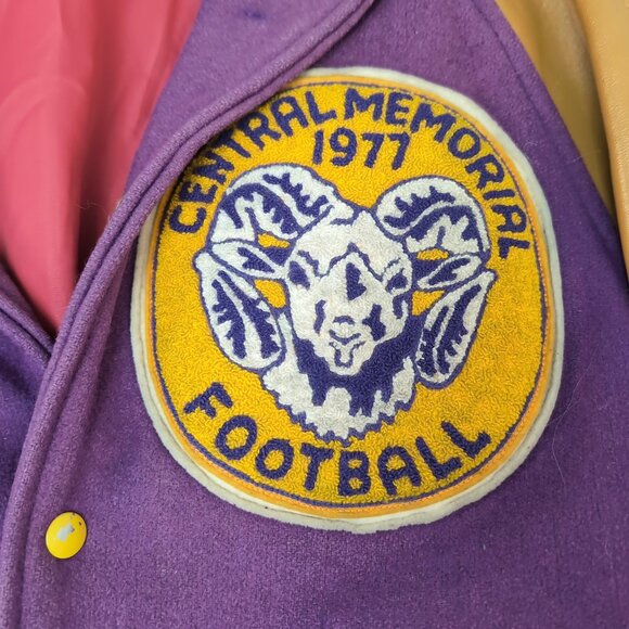 Vintage 1971 Varsity Letterman Jacket Purple Wool Leather Sleeves – Men’s 38 - Picture 4 of 13
